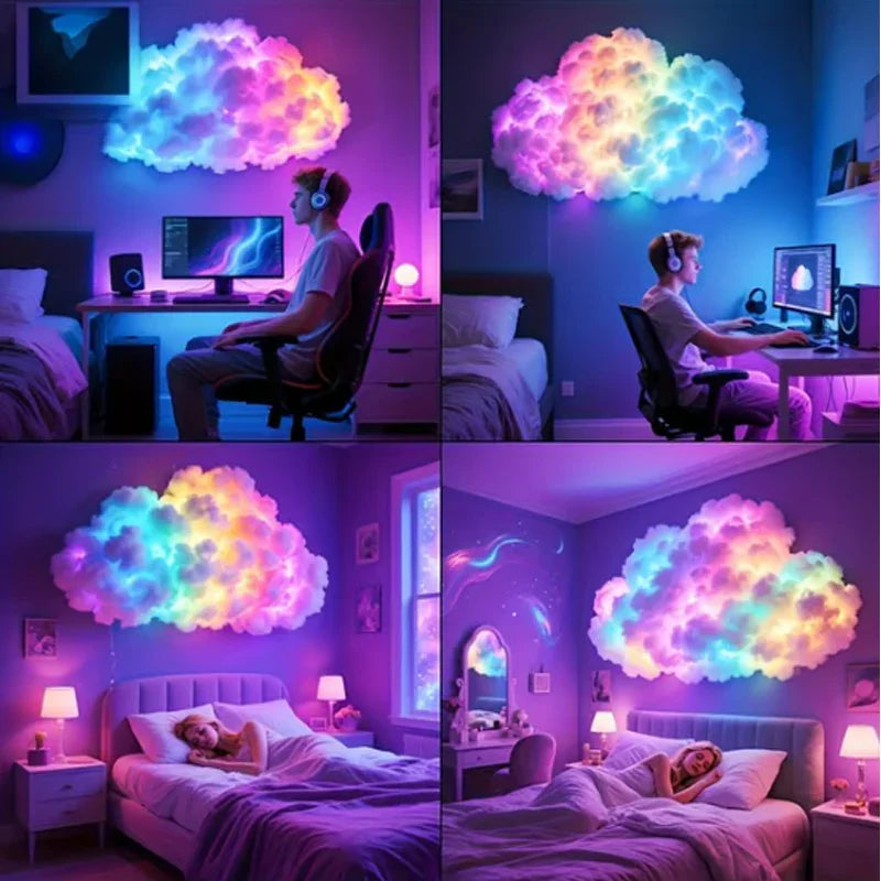 Colorful LED cloud wall light decor in modern bedrooms and gaming setup, clarioy homeware
