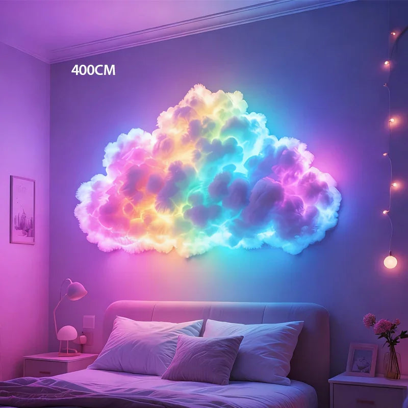 Large cloud-shaped LED wall light with colorful glow above bed in modern bedroom, clarioy homeware