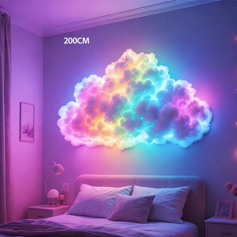 Large LED cloud wall light with rainbow colors decorates bedroom above bed, modern homeware