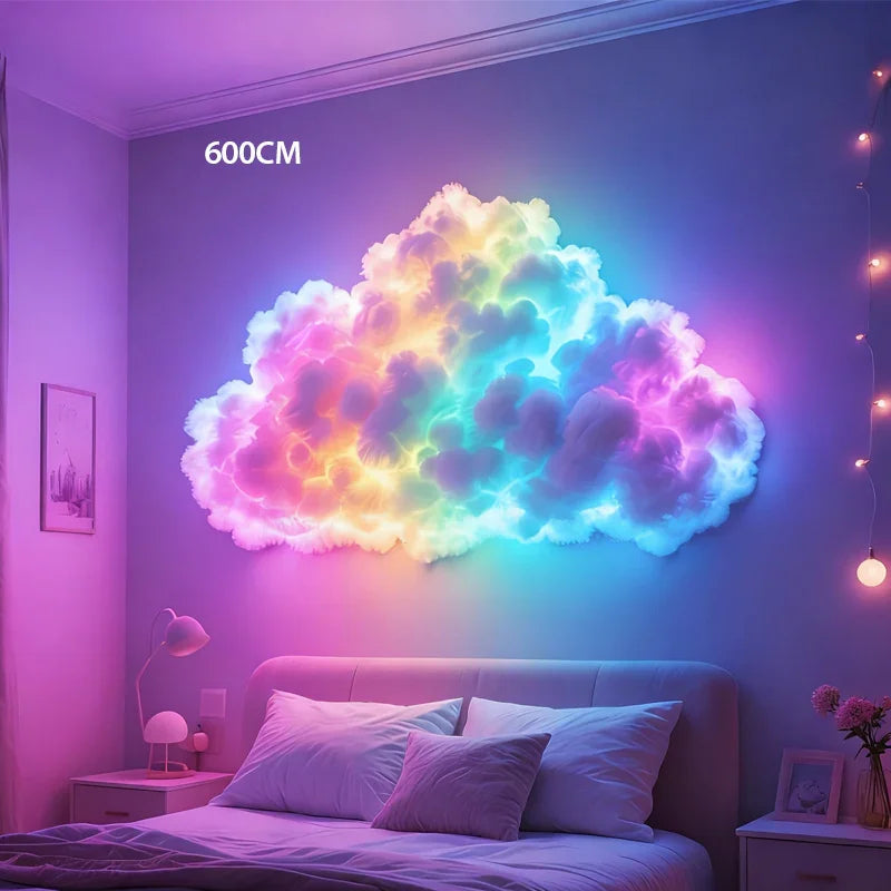 LED cloud wall light in a cozy bedroom, vibrant multicolor lighting, clarioy home decor