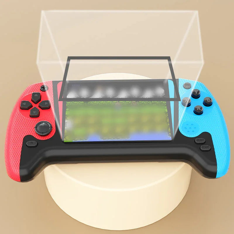 Gaming controller with red and blue grips and screen magnifier on beige podium, clarioy electronics