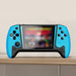 Blue and black handheld gaming console with joystick and buttons on wooden shelf
