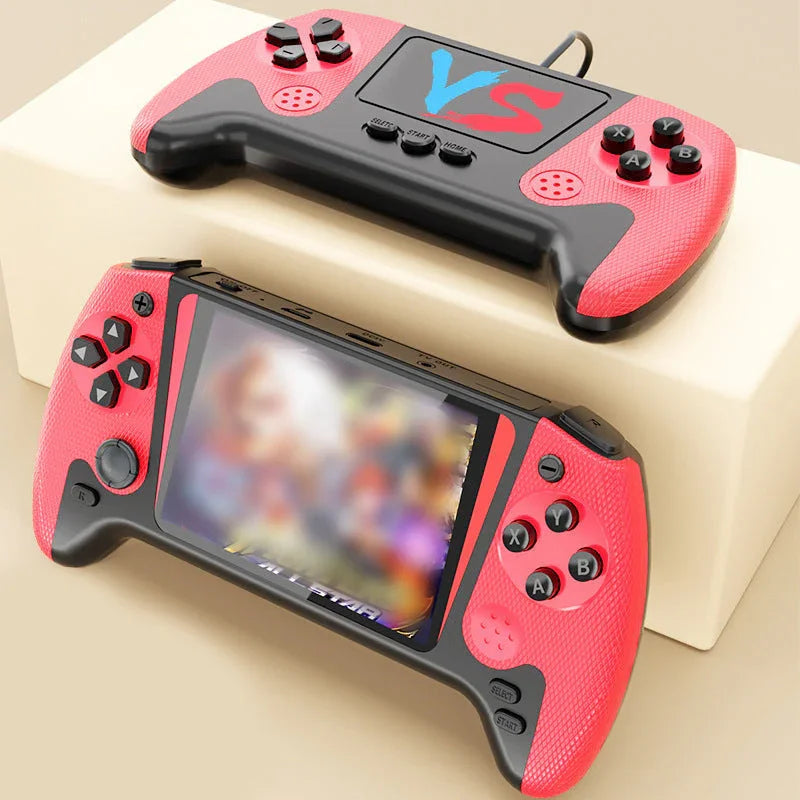 Handheld gaming console with red grips, joystick, buttons, and screen, displayed on beige background