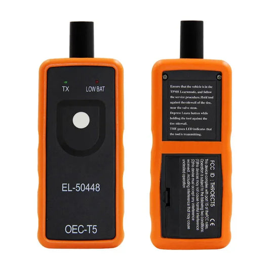EL-50448 OEC-T5 TPMS auto tool with orange casing, front and back view, for tire sensor activation