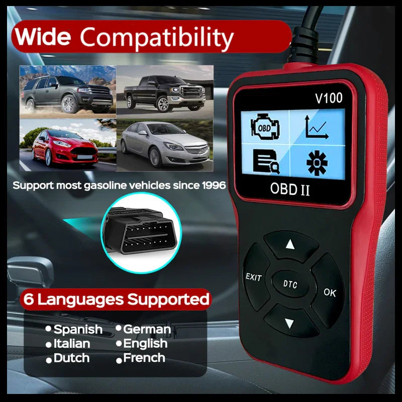 clarioy OBD II auto diagnostic tool with wide vehicle compatibility, supports 6 languages