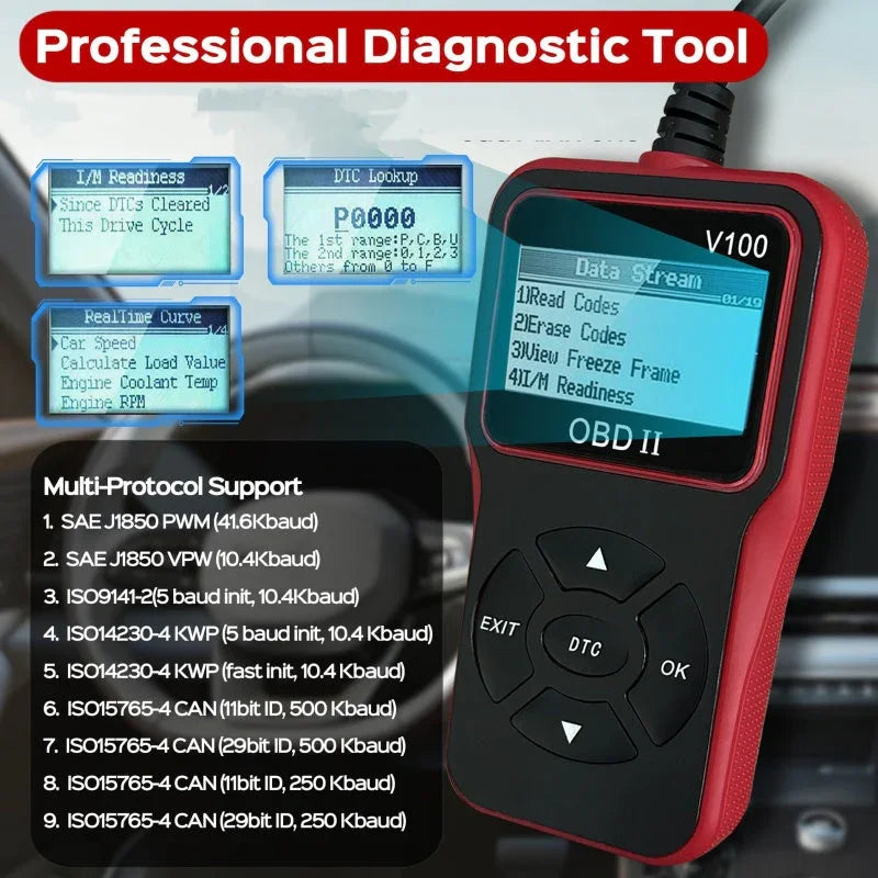 Clarioy professional OBD2 diagnostic tool for vehicles with multi-protocol support, shown in car setting.