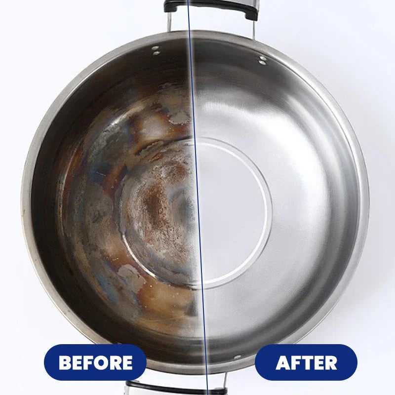 Split view of stainless steel pot showing before and after cleaning results, homeware from clarioy