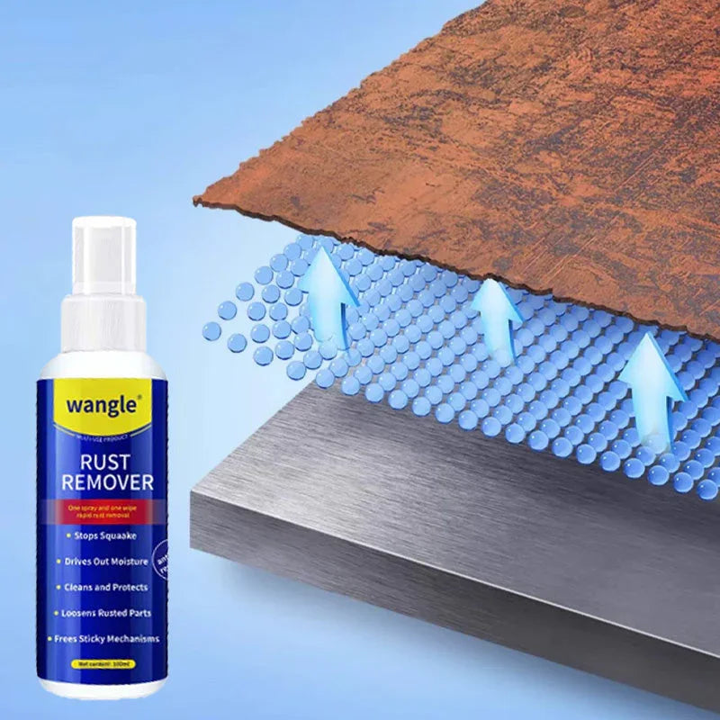Rust remover spray bottle with graphic showing rust being lifted from metal surface, clarioy auto tool.