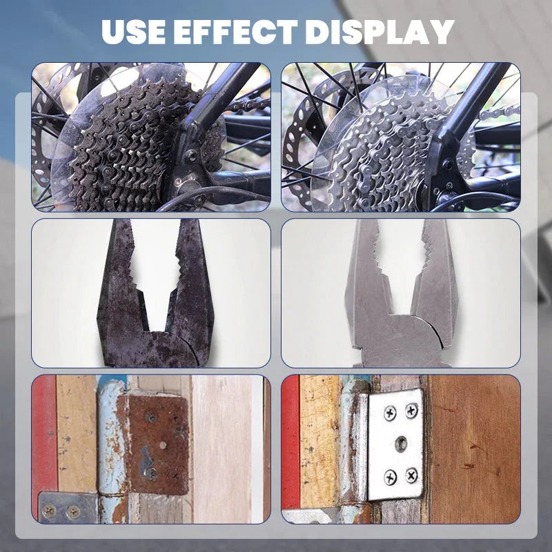 Before and after tool use on bike gears, pliers, and hinges, featured by clarioy auto tools.