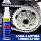Wangle rust remover spray bottle in front of a clean bike chain and gear, long-lasting lubrication