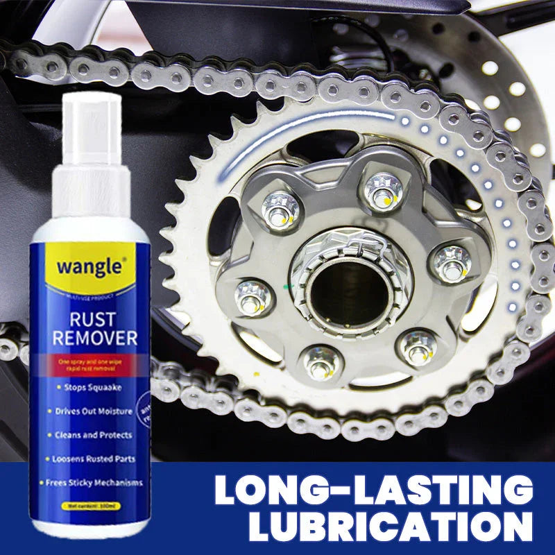 Wangle rust remover spray bottle in front of a clean bike chain and gear, long-lasting lubrication