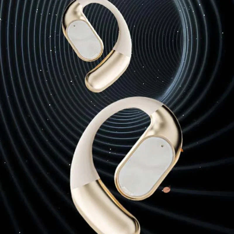 Gold wireless ear hook headsets with modern design on a black soundwave background, clarioy
