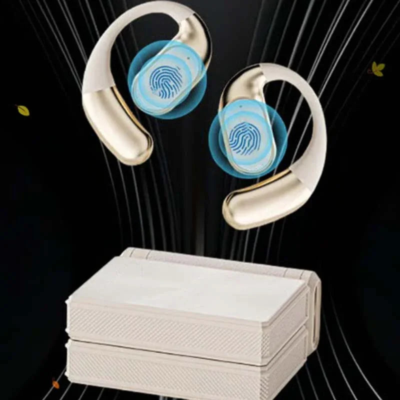 Wireless gold ear-hook earbuds with touch controls and a charging case, clarioy electronics