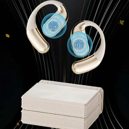 Wireless gold ear-hook earbuds with touch controls and a charging case, clarioy electronics