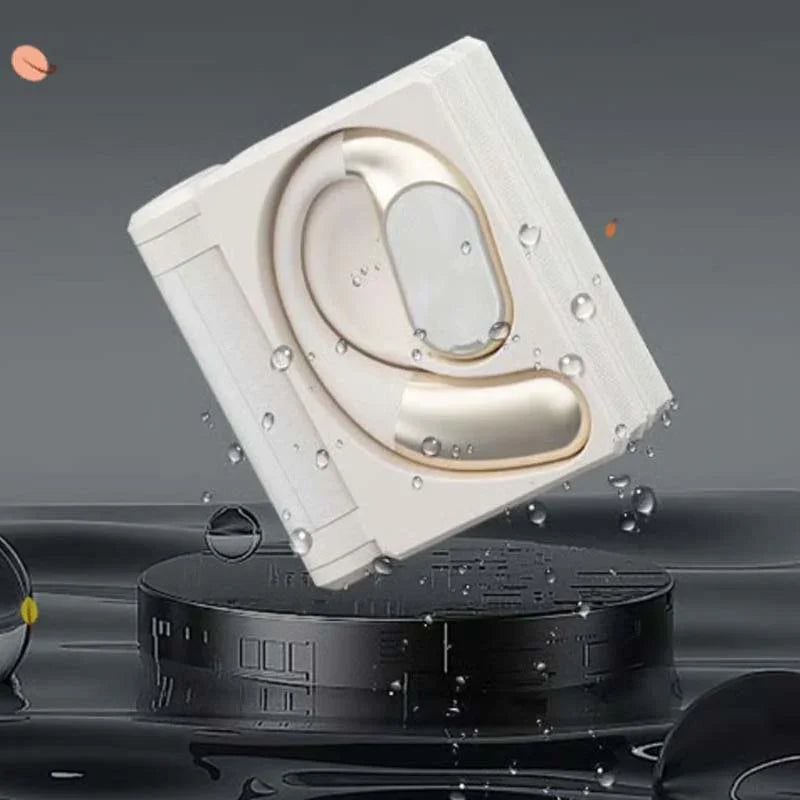 Waterproof beige foldable wireless headset case with gold accents, clarioy electronics