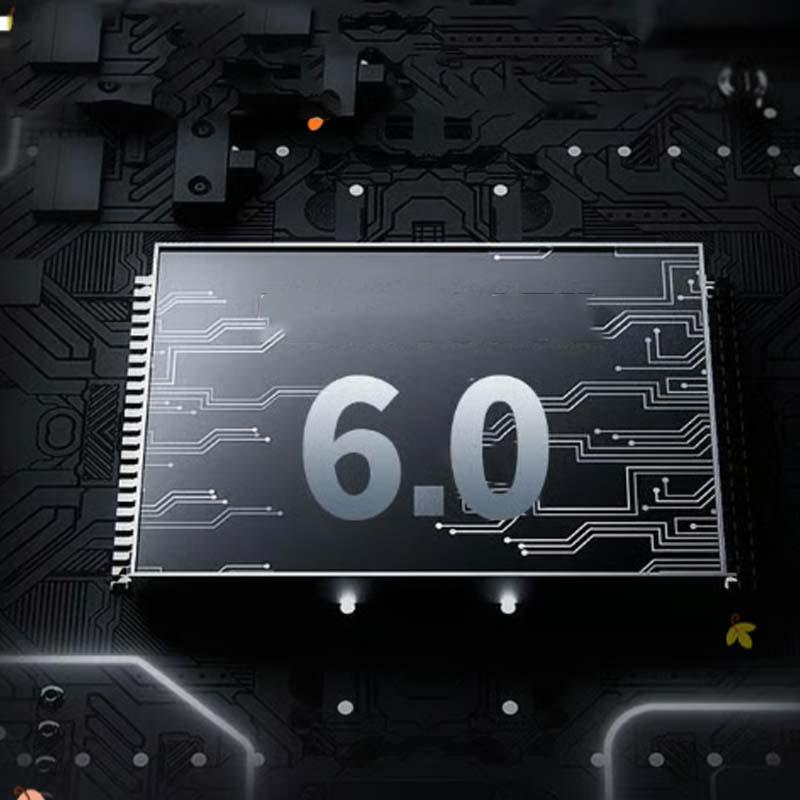 Close-up of a circuit board microchip labeled 6.0, technology electronics detail