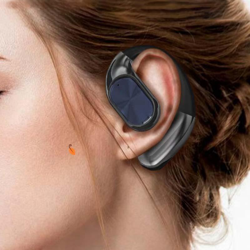 Woman wearing a black wireless Bluetooth headset from clarioy