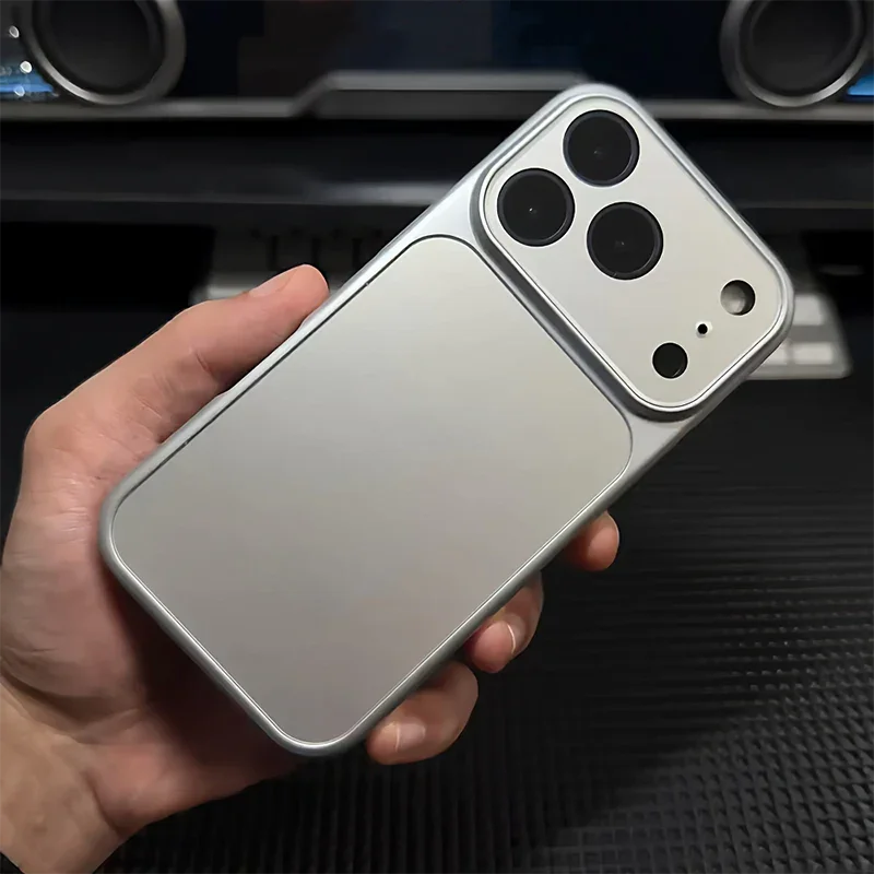 Hand holding a silver iPhone case with triple camera cutout, clarioy electronics accessory