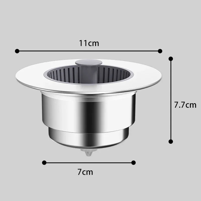Stainless steel kitchen sink strainer with 11cm diameter, 7.7cm height, and 7cm base, clarioy homeware accessory