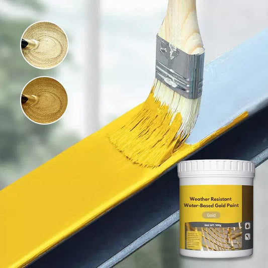 Weather-resistant water-based gold paint being applied to metal with brush; clarioy home improvement tool.
