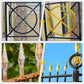 Metal fence restoration before and after, featuring rust removal and gold paint on decorative spikes.