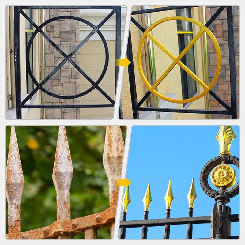 Metal fence restoration before and after, featuring rust removal and gold paint on decorative spikes.