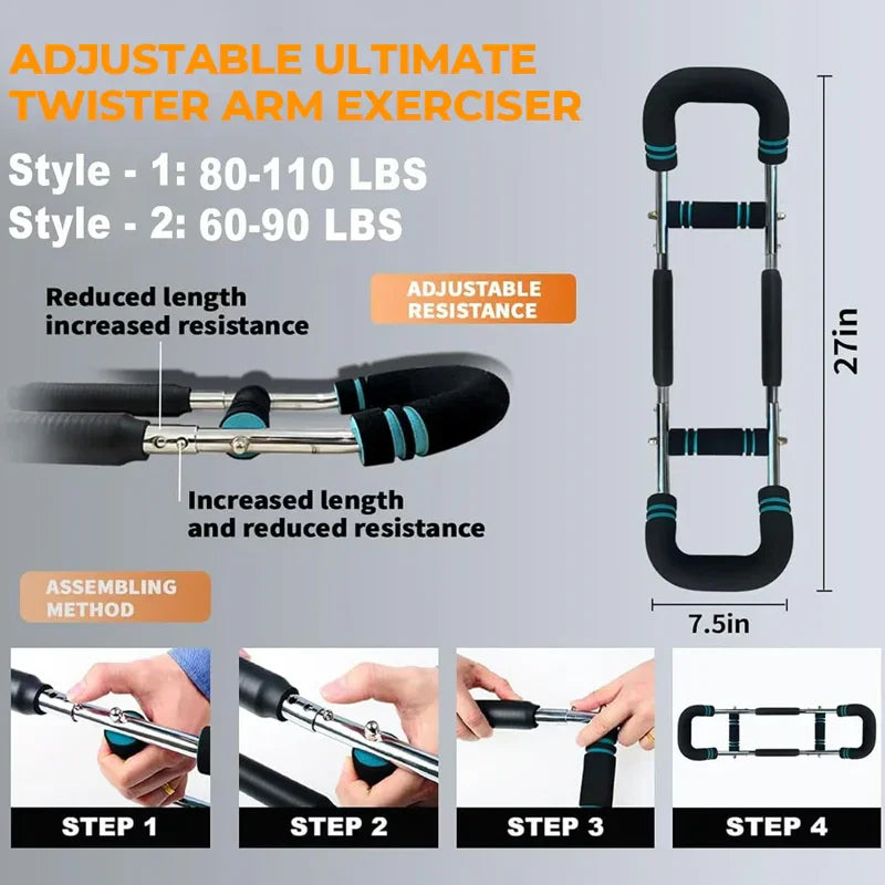 Adjustable twister arm exerciser with resistance settings, assembly steps, and dimensions
