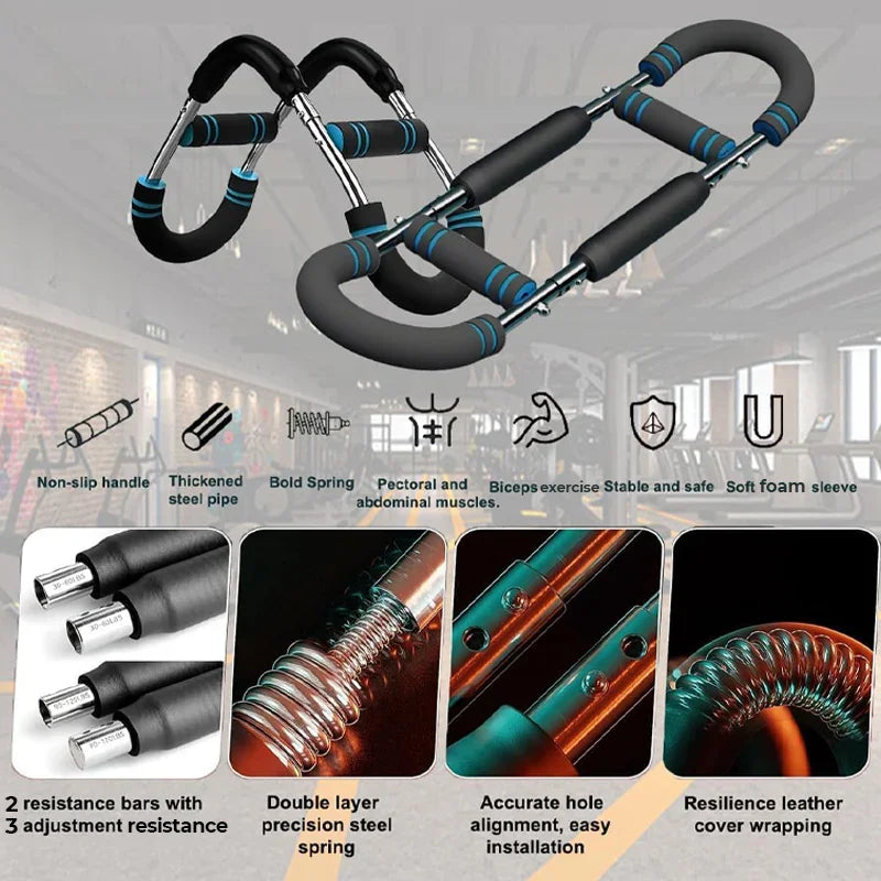 Adjustable steel resistance bars with foam handles, clarioy premium home gym fitness tool for pectoral and biceps exercise.