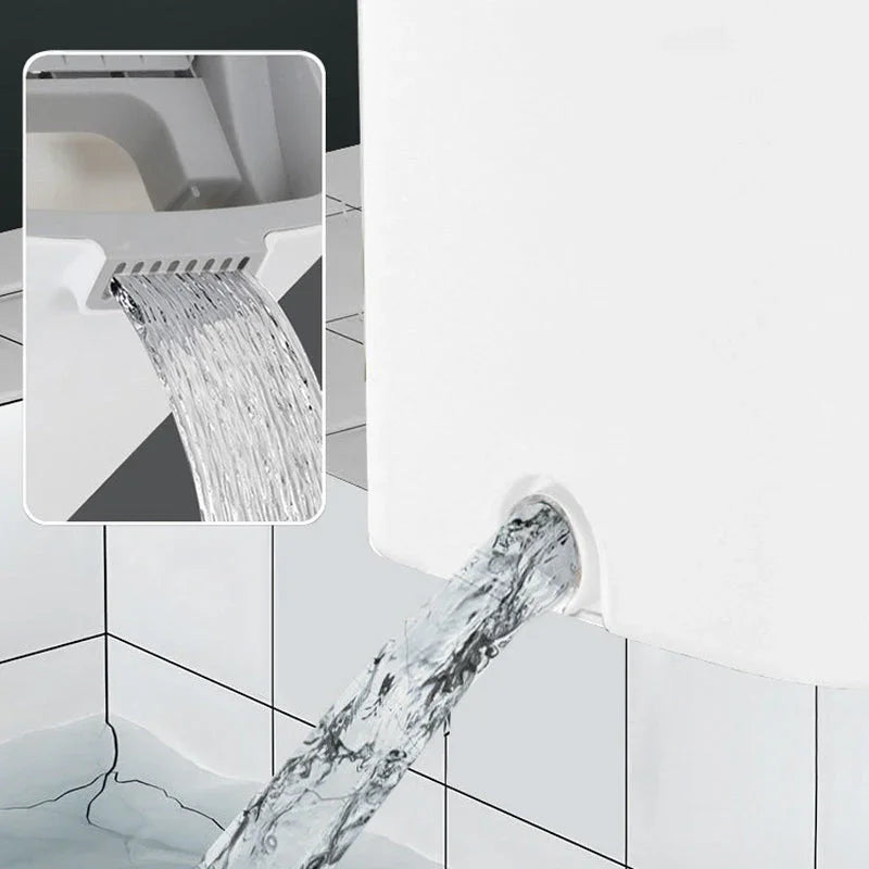 Modern white homeware water dispenser pouring into tiled sink, close-up detail, clarioy