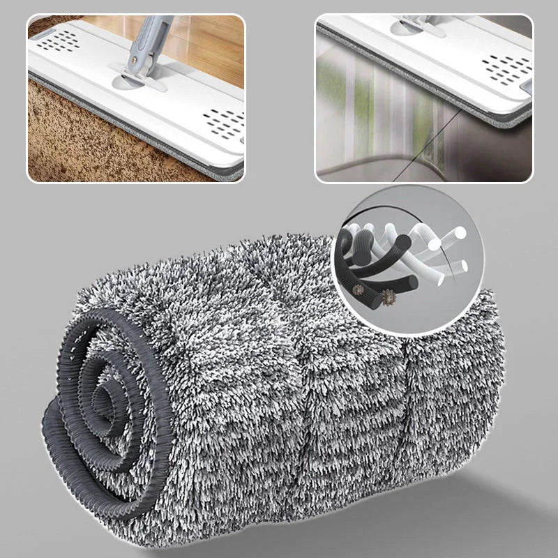 Premium gray microfiber mop pad for home cleaning, shown rolled and in use on floors and walls