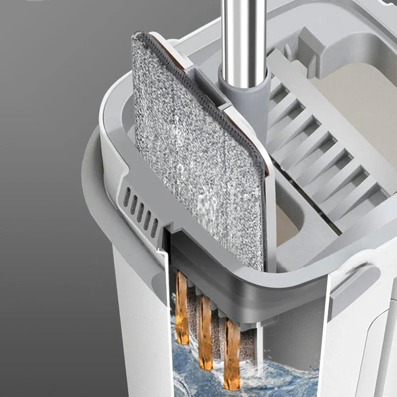 Self-cleaning flat mop with grey microfiber pad and water bucket for home cleaning