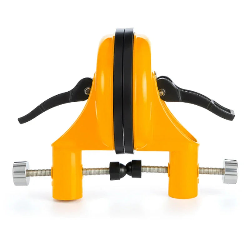 Yellow adjustable auto tool clamp with black handles from clarioy, isolated on white background