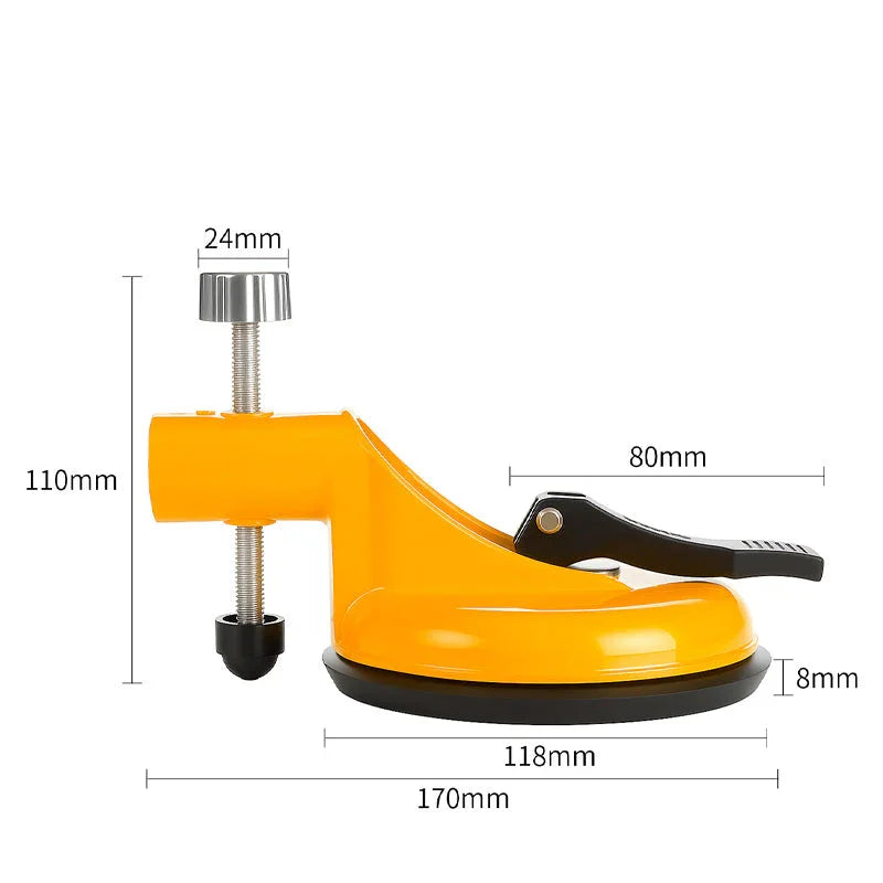 Yellow suction cup lifter tool with black handle and measurement labels, premium auto tool from clarioy