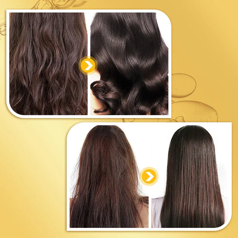 Before and after hair care results showing transformation from frizzy, wavy hair to smooth, shiny, straight hair, on a yellow background for clarioy homeware and electronics store.
