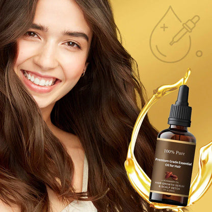 Smiling woman with healthy hair and clarioy hair growth serum oil bottle on yellow background