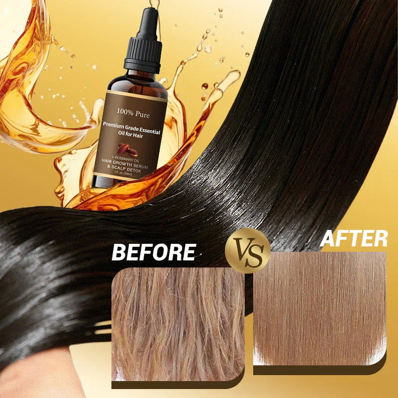 Hair growth serum bottle with oil splash, shiny hair, before and after hair treatment results