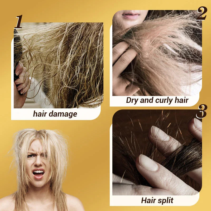 Three-panel image showing hair damage, dry and curly hair, and split ends on a woman, clarioy product context.