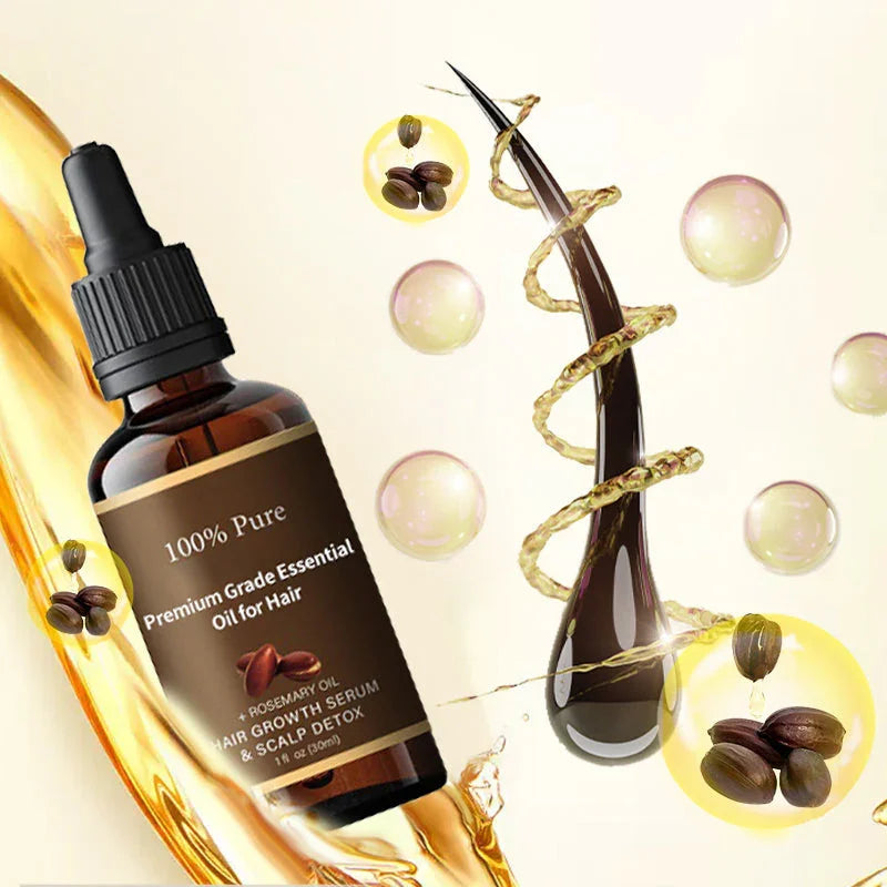 Premium essential hair oil serum for growth and scalp detox, with natural ingredients illustration
