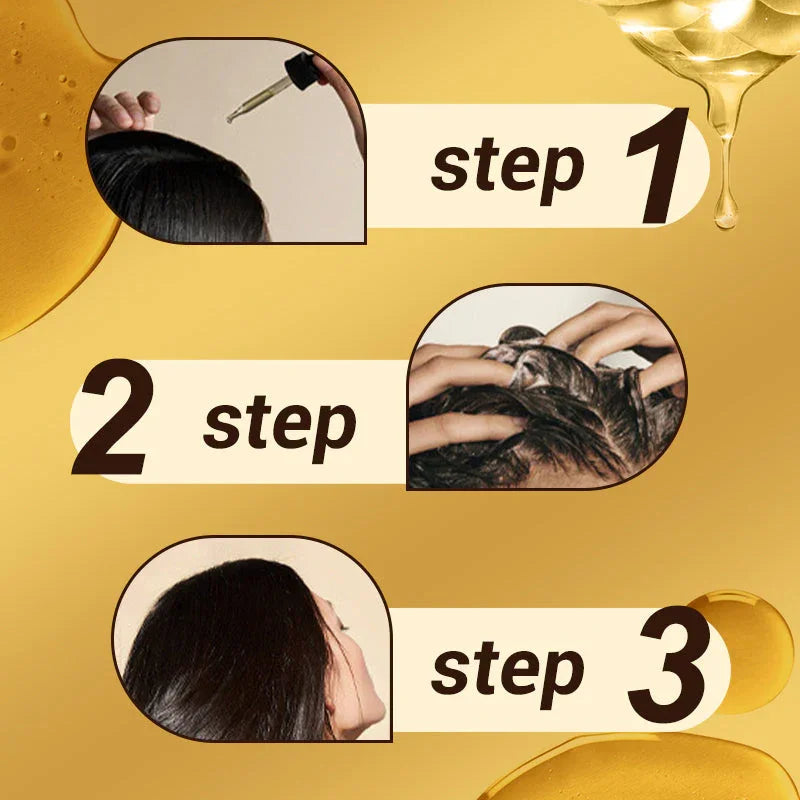 Three-step hair oil treatment guide with dropper application, scalp massage, and sleek hair, on golden background