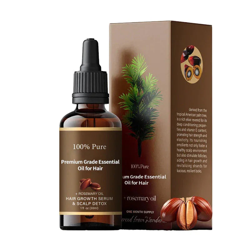 100% pure premium grade essential oil for hair growth serum, with rosemary oil, in a brown dropper bottle and matching box featuring palm leaves and nuts, available at clarioy.