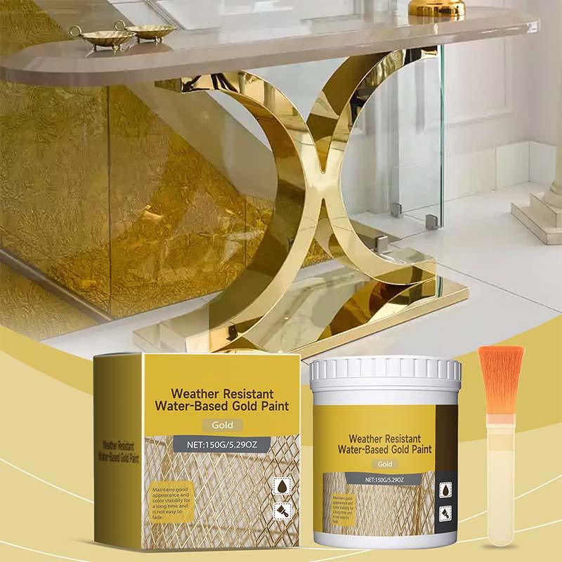 Weather resistant water-based gold paint set with brush, gold-painted table, and modern decor