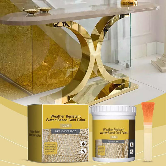 Weather resistant water-based gold paint set with brush, gold-painted table, and modern decor