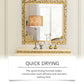 Elegant gold-framed mirror and lamp on ornate table in bright homeware setting, quick drying text overlay