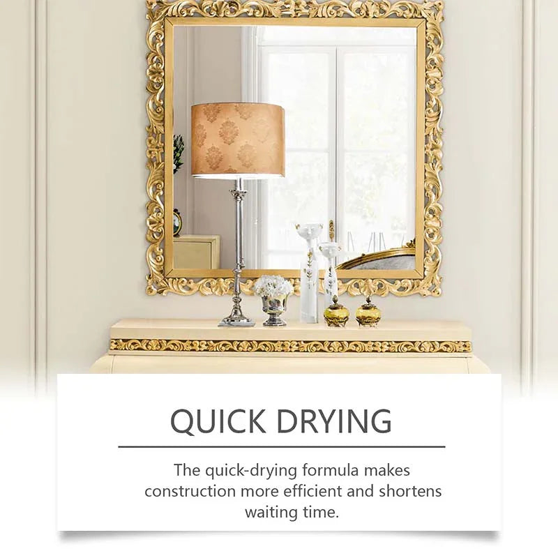 Elegant gold-framed mirror and lamp on ornate table in bright homeware setting, quick drying text overlay
