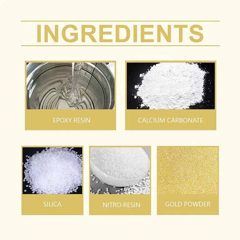 Epoxy resin, calcium carbonate, silica, nitro resin, and gold powder ingredients display
