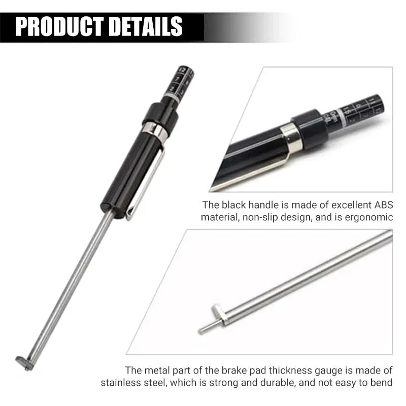 Clarioy black ABS handle brake pad thickness gauge, stainless steel durable auto tool.