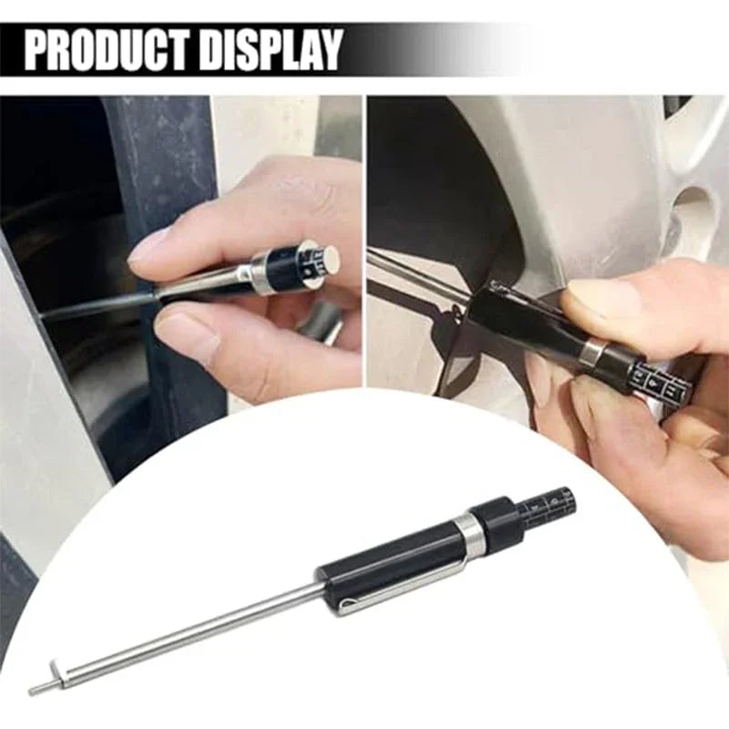Person using a tire tread depth gauge tool on a car wheel, clarioy auto tool product display