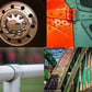 Collage of metal fasteners: truck wheel nuts, orange rivets, pipe joint, green steel bridge. Clarioy auto tools.