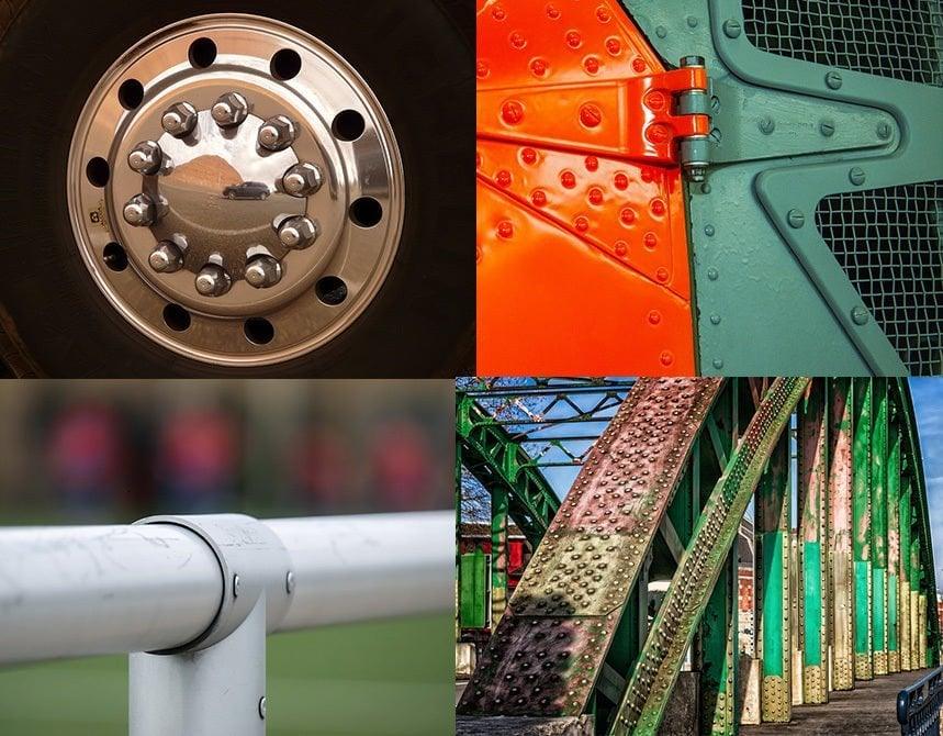 Collage of metal fasteners: truck wheel nuts, orange rivets, pipe joint, green steel bridge. Clarioy auto tools.