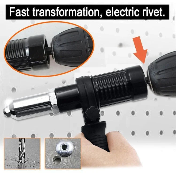 Electric rivet gun adapter for drill shown close-up, with instructions, available at clarioy